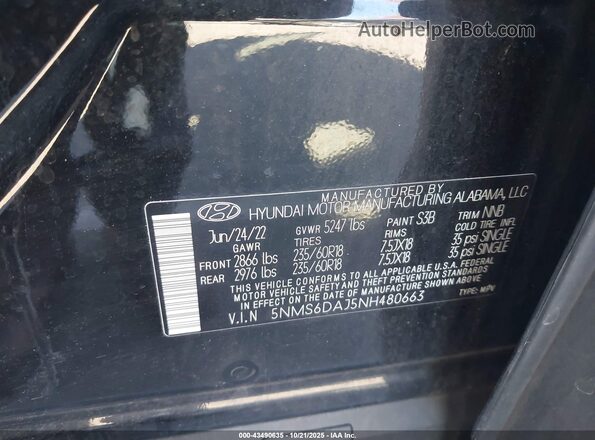 5NMS6DAJ5NH480663 2022 HYUNDAI SANTA FE Черный Вид подкапотного пространства