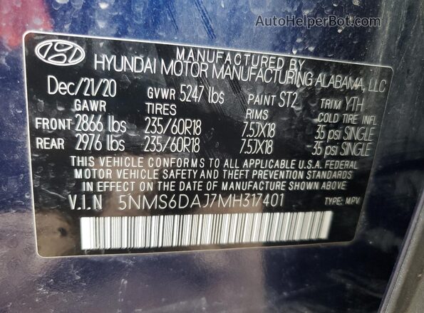 5NMS6DAJ7MH317401 2021 HYUNDAI SANTA Blue Vista de la etiqueta del VIN