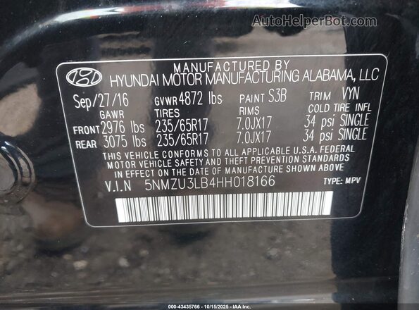 5NMZU3LB4HH018166 2017 HYUNDAI SANTA FE SPORT Black 