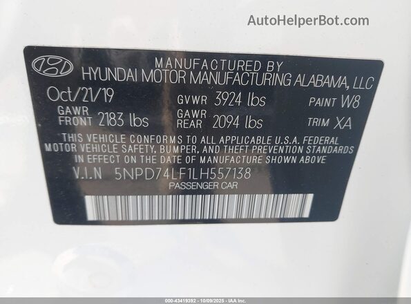 5NPD74LF1LH557138 2020 HYUNDAI ELANTRA White Вид підкапотного простору