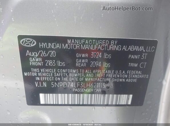 5NPD74LF3LH621115 2020 HYUNDAI ELANTRA Silver Vista del compartimento del motor