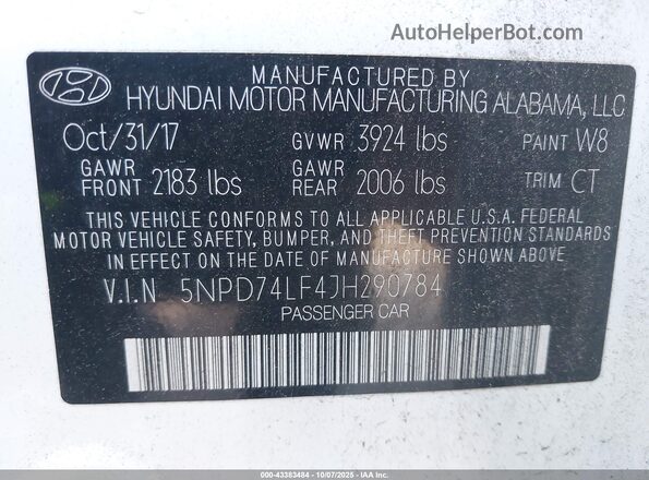 5NPD74LF4JH290784 2018 HYUNDAI ELANTRA Белый 