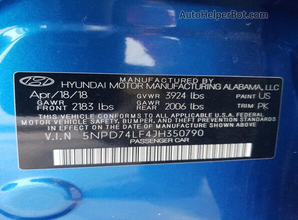 5NPD74LF4JH350790 2018 HYUNDAI ELANTRA Синий 
