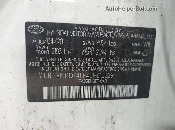 5NPD74LF4LH613329 2020 HYUNDAI ELANTRA Белый 