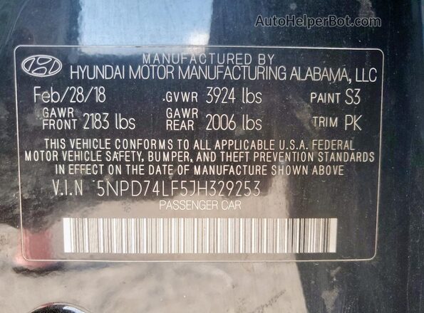 5NPD74LF5JH329253 2018 HYUNDAI ELANTRA Black 