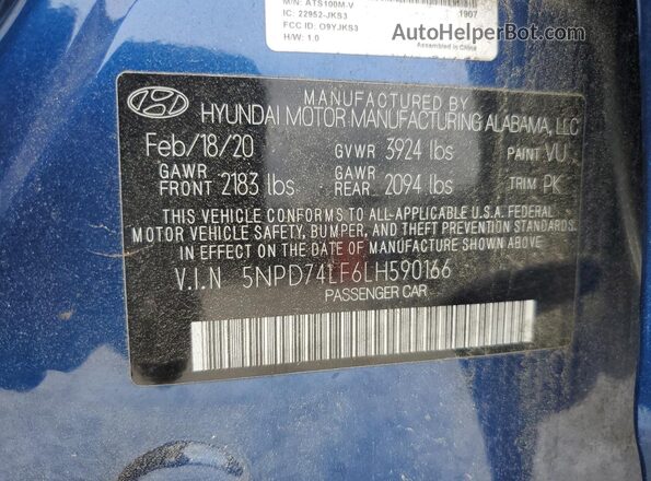 5NPD74LF6LH590166 2020 HYUNDAI ELANTRA Синий Вид наклейки с VIN-кодом