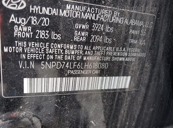 5NPD74LF6LH618080 2020 HYUNDAI ELANTRA Черный Вид подкапотного пространства