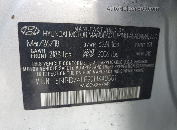 5NPD74LF9JH340501 2018 HYUNDAI ELANTRA Silver 