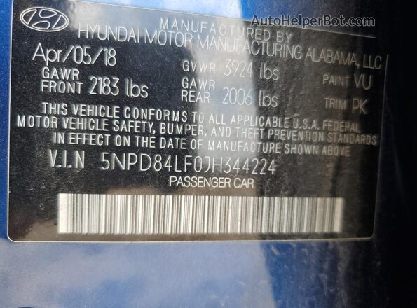 5NPD84LF0JH344224 2018 HYUNDAI ELANTRA Blue 