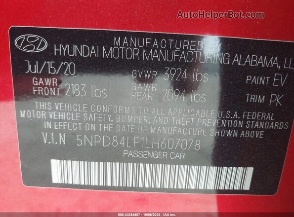 5NPD84LF1LH607078 2020 HYUNDAI ELANTRA Красный Вид подкапотного пространства