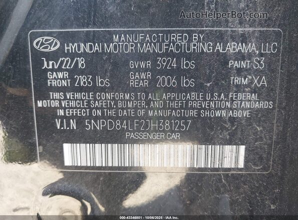 5NPD84LF2JH381257 2018 HYUNDAI ELANTRA Black 