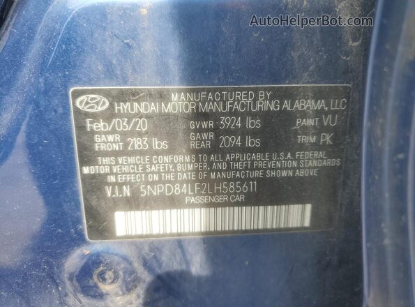 5NPD84LF2LH585611 2020 HYUNDAI ELANTRA Blue Շարժիչի բաժամունքի տեսք
