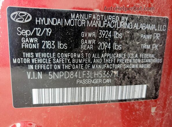 5NPD84LF3LH536711 2020 HYUNDAI ELANTRA Красный Вид подкапотного пространства