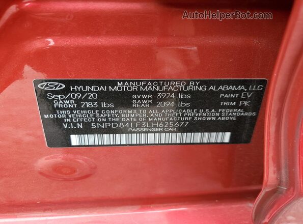 5NPD84LF3LH625677 2020 HYUNDAI ELANTRA Red 