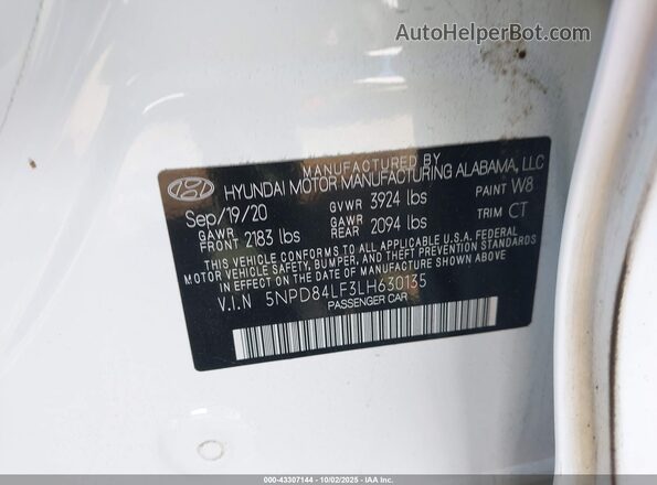 5NPD84LF3LH630135 2020 HYUNDAI ELANTRA White Շարժիչի բաժամունքի տեսք