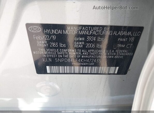5NPD84LF4KH472435 2019 HYUNDAI ELANTRA Silver Вид підкапотного простору