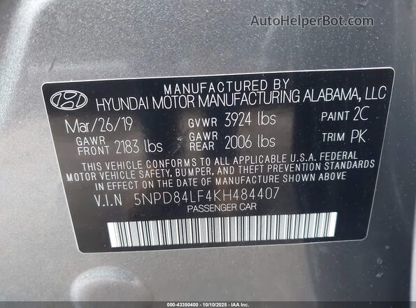 5NPD84LF4KH484407 2019 HYUNDAI ELANTRA Серый Вид подкапотного пространства