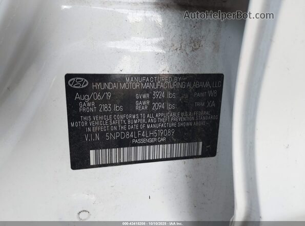 5NPD84LF4LH519089 2020 HYUNDAI ELANTRA Белый Вид наклейки с VIN-кодом