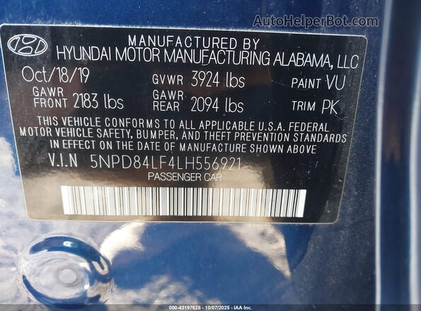 5NPD84LF4LH556921 2020 HYUNDAI ELANTRA Blue Շարժիչի բաժամունքի տեսք