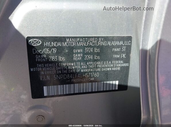5NPD84LF4LH571760 2020 HYUNDAI ELANTRA Silver Շարժիչի բաժամունքի տեսք