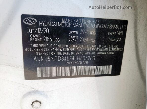5NPD84LF4LH603980 2020 HYUNDAI ELANTRA White Вид підкапотного простору