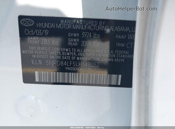 5NPD84LF5LH548052 2020 HYUNDAI ELANTRA White Vista del compartimento del motor