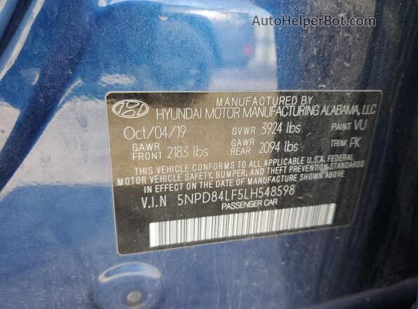 5NPD84LF5LH548598 2020 HYUNDAI ELANTRA Синий Вид подкапотного пространства