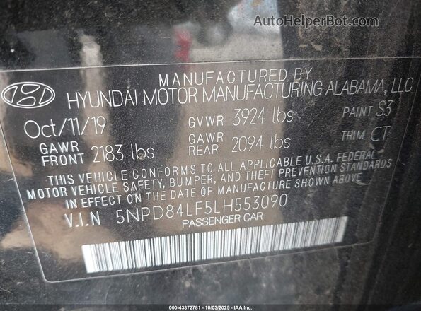 5NPD84LF5LH553090 2020 HYUNDAI ELANTRA Black Շարժիչի բաժամունքի տեսք