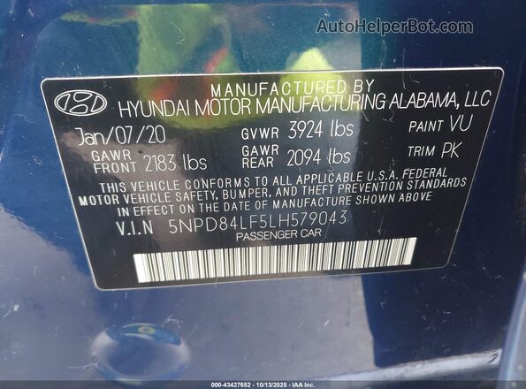 5NPD84LF5LH579043 2020 HYUNDAI ELANTRA Blue Engine compartment view