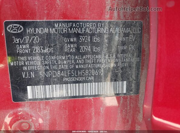5NPD84LF5LH582069 2020 HYUNDAI ELANTRA Red Widok komory silnika