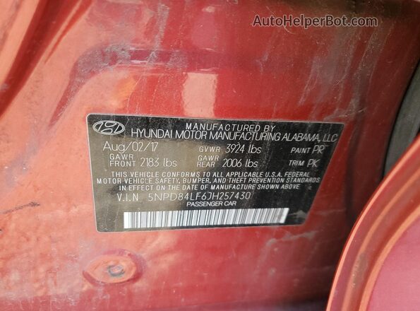 5NPD84LF6JH257430 2018 HYUNDAI ELANTRA Red 