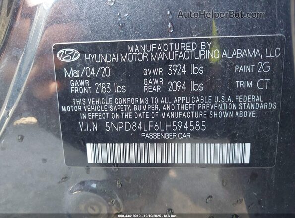 5NPD84LF6LH594585 2020 HYUNDAI ELANTRA Черный Вид подкапотного пространства