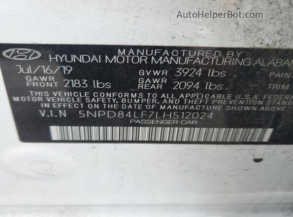 5NPD84LF7LH512024 2020 HYUNDAI ELANTRA White ძრავის განყოფილების ხედი