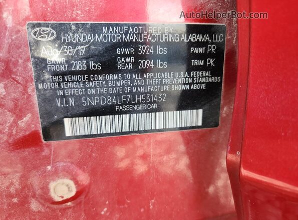 5NPD84LF7LH531432 2020 HYUNDAI ELANTRA Red VIN կոդի պիտակի տեսք