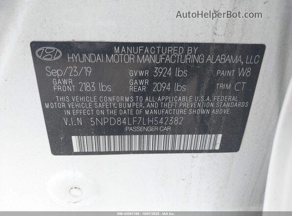 5NPD84LF7LH542382 2020 HYUNDAI ELANTRA White Engine compartment view