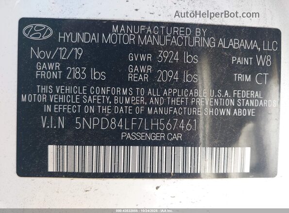 5NPD84LF7LH567461 2020 HYUNDAI ELANTRA White Widok komory silnika