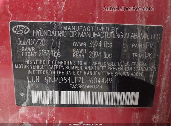 5NPD84LF7LH604489 2020 HYUNDAI ELANTRA Красный Вид подкапотного пространства