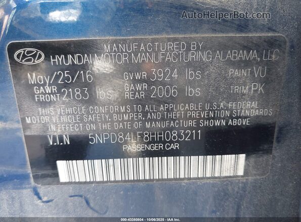 5NPD84LF8HH083211 2017 HYUNDAI ELANTRA Blue Vista del compartimento del motor