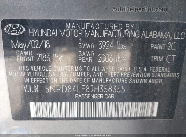5NPD84LF8JH358355 2018 HYUNDAI ELANTRA Gray Vista del compartimento del motor