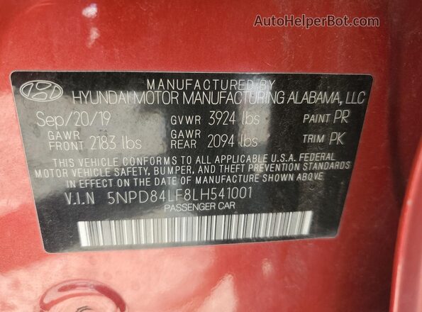 5NPD84LF8LH541001 2020 HYUNDAI ELANTRA Красный Вид наклейки с VIN-кодом