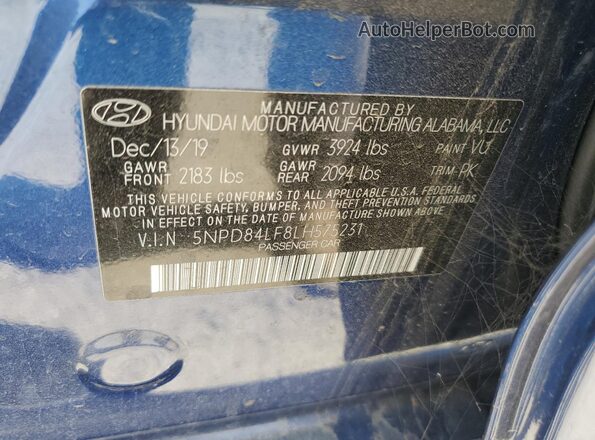 5NPD84LF8LH575231 2020 HYUNDAI ELANTRA Blue Widok naklejki z numerem VIN