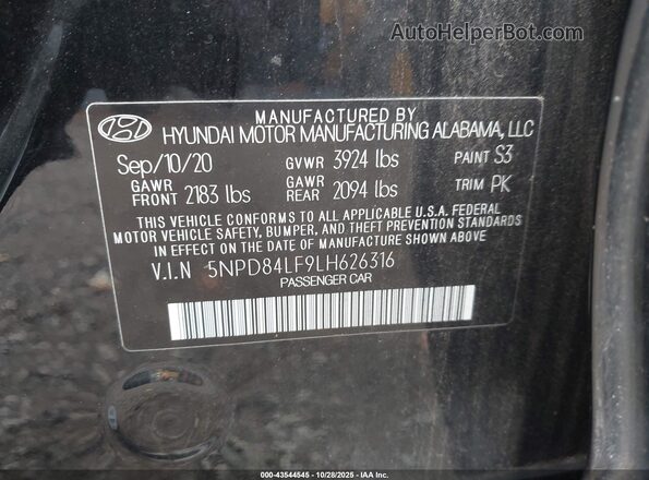 5NPD84LF9LH626316 2020 HYUNDAI ELANTRA Black Вид підкапотного простору