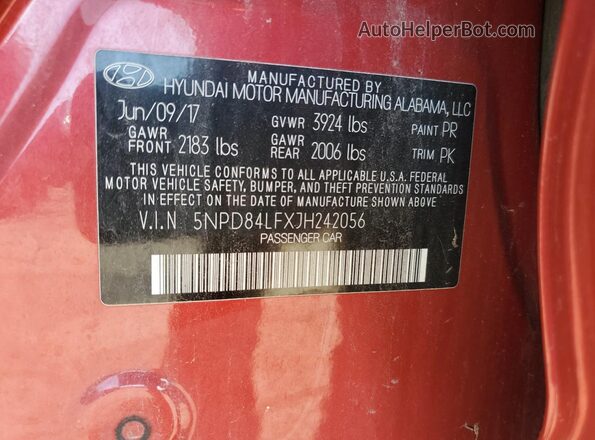 5NPD84LFXJH242056 2018 HYUNDAI ELANTRA Red 