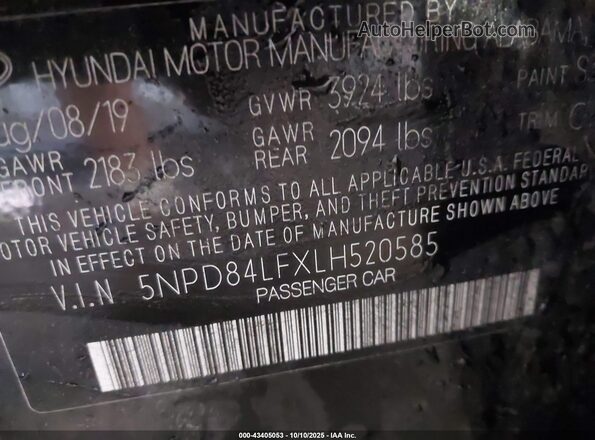 5NPD84LFXLH520585 2020 HYUNDAI ELANTRA Black Вид підкапотного простору