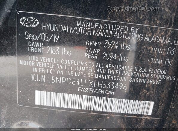 5NPD84LFXLH533496 2020 HYUNDAI ELANTRA Black Вид підкапотного простору