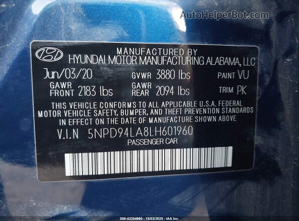 5NPD94LA8LH601960 2020 HYUNDAI ELANTRA Синий Вид подкапотного пространства
