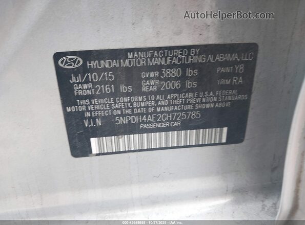 5NPDH4AE2GH725785 2016 HYUNDAI ELANTRA Silver Շարժիչի բաժամունքի տեսք