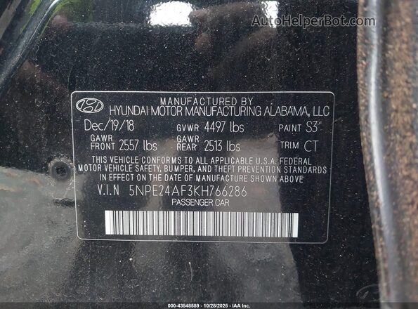 5NPE24AF3KH766286 2019 HYUNDAI SONATA Black 