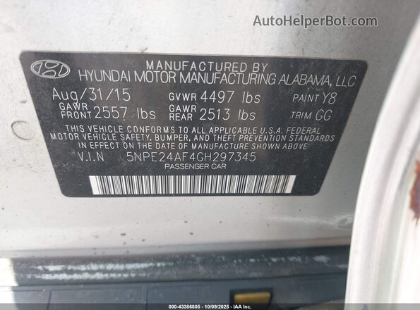 5NPE24AF4GH297345 2016 HYUNDAI SONATA Silver Widok komory silnika