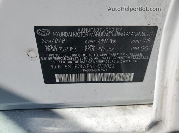 5NPE24AF6KH757033 2019 HYUNDAI SONATA White Շարժիչի բաժամունքի տեսք